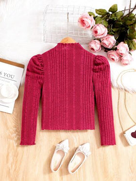 SHEIN تيشيرت بناتي برقبة عالية وأكمام منتفخة بتصميم فريد لفصل الربيع