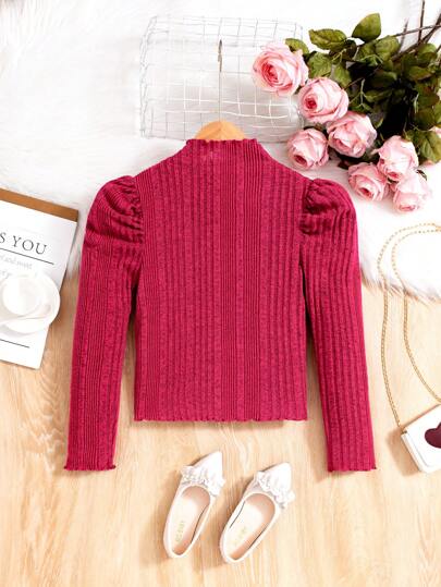 SHEIN تيشيرت بناتي برقبة عالية وأكمام منتفخة بتصميم فريد لفصل الربيع