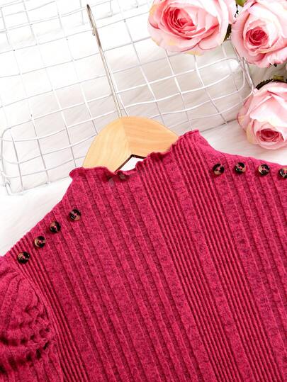 SHEIN تيشيرت بناتي برقبة عالية وأكمام منتفخة بتصميم فريد لفصل الربيع