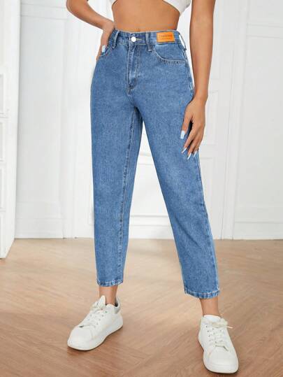 SHEIN PETITE جينز مدبب بشعار النص