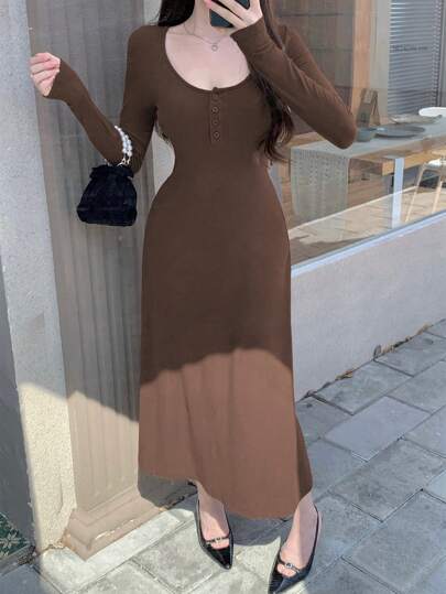 فساتين حريمي DAZY فستان نسائي بلون صلب للارتداء اليومي مع أزرار من الأمام