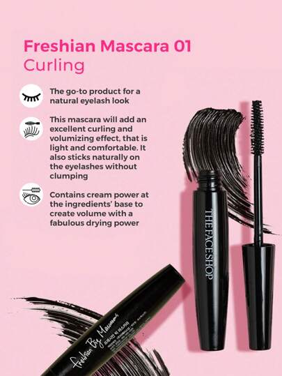 The Face Shop ماسكارا فريشيان 01 نوع تجعيد، مقاوم للماء، مقاوم للعرق، طويل الأمد، سهل الاستخدام، مكياج العين، مستحضرات تجميل كورية، 7 جرام/0.25 أونصة