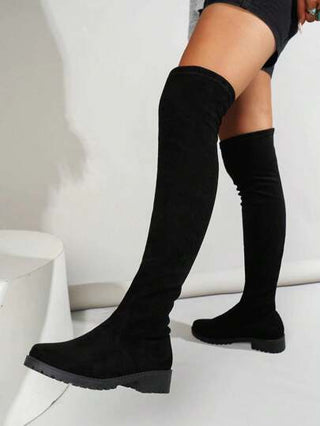 بنطلون رياضي منسق الموضة، بوت جديدة للنساء خريف/شتاء 2024 ذات كعب سميك منخفض بفتحة مربعة، ذات سحاب خصر طويلة للركبة، مطاطية