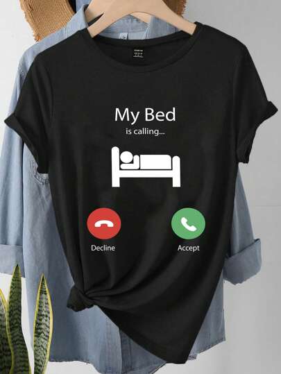 INAWLY تي شيرت T-shirt بأكمام قصيرة مطبوع بنصوص، تيشيرتات جرافيك حريمي