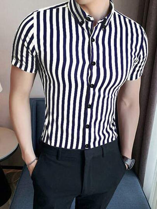 Manfinity Homme قميص مخطط عمودي أزرار من أعلى إلى أسفل للرجال