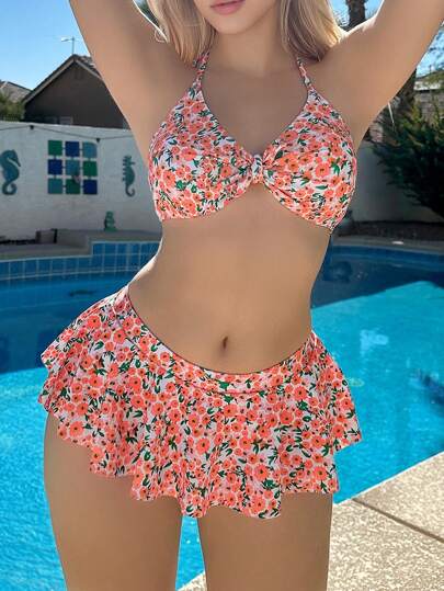 Swim Mod مجموعة بيكيني مع عقدة أمامية منقوشة بالزهور وزينة رايش مزين