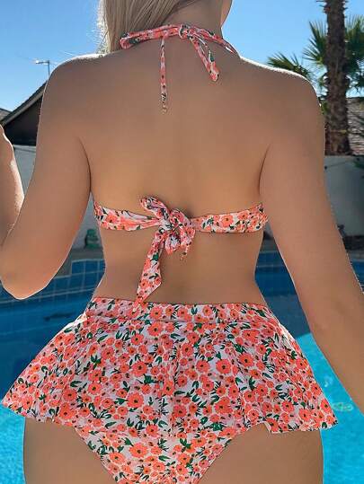 Swim Mod مجموعة بيكيني مع عقدة أمامية منقوشة بالزهور وزينة رايش مزين