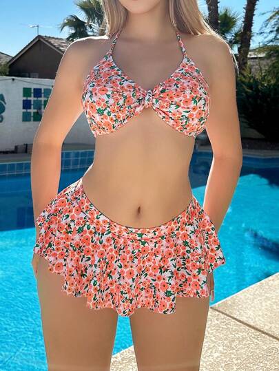 Swim Mod مجموعة بيكيني مع عقدة أمامية منقوشة بالزهور وزينة رايش مزين