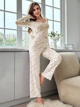 FloralLove طقم بيجامة مضلع مع طباعة وردة صغيرة، ملابس خريف وشتاء ذات تفاصيل أنيقة ودافئة بتصميم زهري فاخر