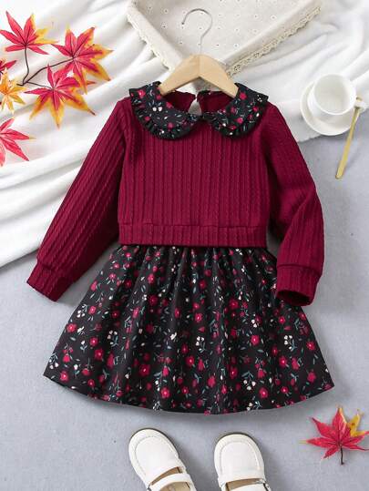 SHEIN Elladie kids ثوبان في واحد لفتاة صغيرة بياقة بيتر بان، تصميم مزيج فني للطرز الزهرية المتضاربة
