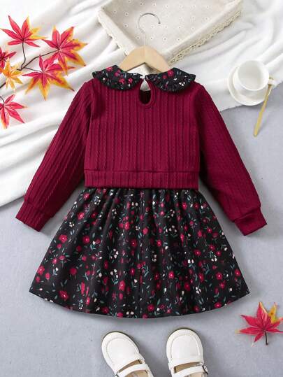 SHEIN Elladie kids ثوبان في واحد لفتاة صغيرة بياقة بيتر بان، تصميم مزيج فني للطرز الزهرية المتضاربة