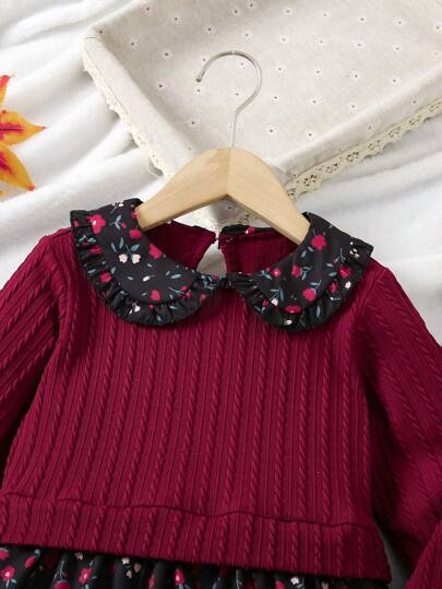 SHEIN Elladie kids ثوبان في واحد لفتاة صغيرة بياقة بيتر بان، تصميم مزيج فني للطرز الزهرية المتضاربة