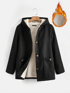 SHEIN EZwear معطف نسائي كاجوال أسود بأكمام منتظمة، وبطانة دافئة وجيبين مزدوجين، معطف نسائي فضفاض مبطن مع أربطة رأس، موضة شتوية/دفء شتوي
