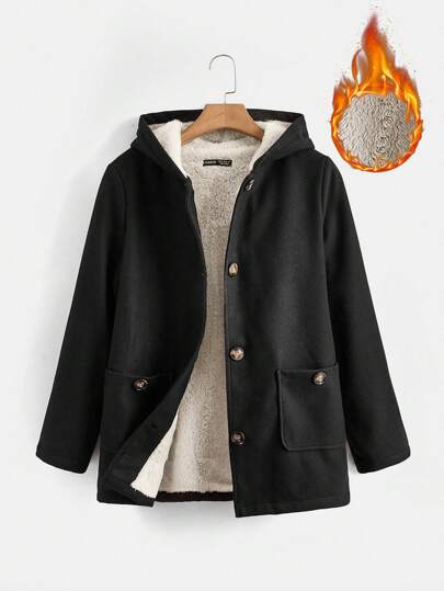 SHEIN EZwear معطف نسائي كاجوال أسود بأكمام منتظمة، وبطانة دافئة وجيبين مزدوجين، معطف نسائي فضفاض مبطن مع أربطة رأس، موضة شتوية/دفء شتوي