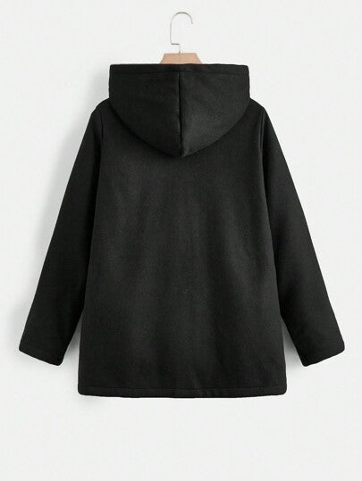 SHEIN EZwear معطف نسائي كاجوال أسود بأكمام منتظمة، وبطانة دافئة وجيبين مزدوجين، معطف نسائي فضفاض مبطن مع أربطة رأس، موضة شتوية/دفء شتوي