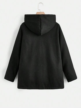 SHEIN EZwear معطف نسائي كاجوال أسود بأكمام منتظمة، وبطانة دافئة وجيبين مزدوجين، معطف نسائي فضفاض مبطن مع أربطة رأس، موضة شتوية/دفء شتوي