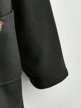 SHEIN EZwear معطف نسائي كاجوال أسود بأكمام منتظمة، وبطانة دافئة وجيبين مزدوجين، معطف نسائي فضفاض مبطن مع أربطة رأس، موضة شتوية/دفء شتوي