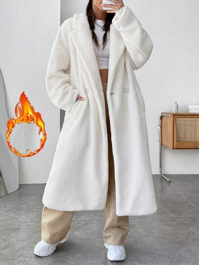 SHEIN EZwear معطف تيدي بياقة منخفضة وكتف منخفض للخريف/الشتاء