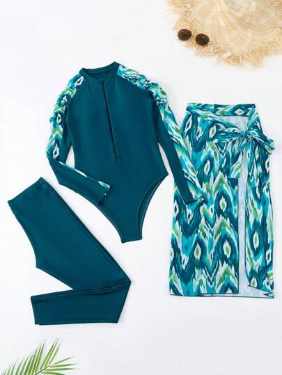 Swim Shayni بدلة سباحة قطعة واحدة للنساء، مصممة بطباعة ربط الصبغة متضمنة بنطال وتنورة، طقم ملابس السباحة، ملابس عربية
