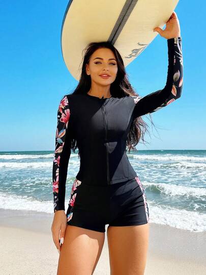 Swim SPRTY مجموعة مايوهات وملابس سباحة نسائية بطية الياقة المستديرة و سحّاب الإغلاق و طبعة عشوائية