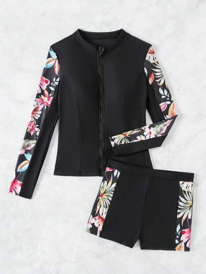 Swim SPRTY مجموعة مايوهات وملابس سباحة نسائية بطية الياقة المستديرة و سحّاب الإغلاق و طبعة عشوائية