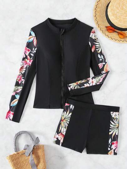 Swim SPRTY مجموعة مايوهات وملابس سباحة نسائية بطية الياقة المستديرة و سحّاب الإغلاق و طبعة عشوائية