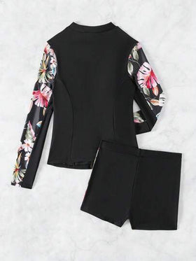 Swim SPRTY مجموعة مايوهات وملابس سباحة نسائية بطية الياقة المستديرة و سحّاب الإغلاق و طبعة عشوائية