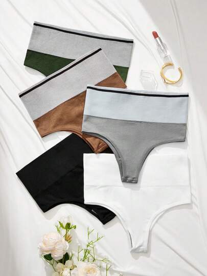 Shein Underwear&Sleepwear Basics سروال داخلي ألوان متباينة محبوك مضلع 5 قطع