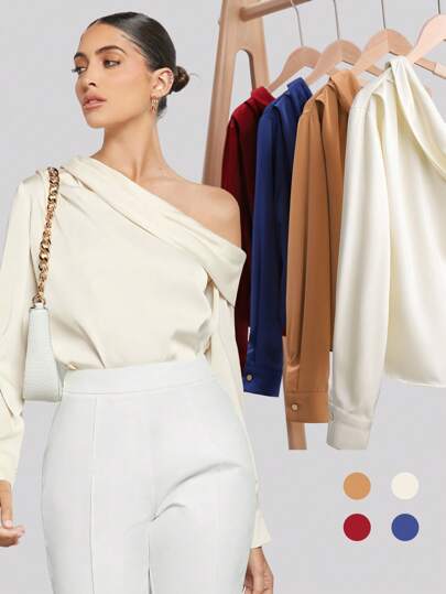 BizChic بلوزة ساتان مكشكشة بياقة غير متماثلة للنساء، قميص أنيق بأكمام طويلة للتنقل الحضري، الملابس الرسمية والكاجوال