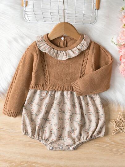 SHEIN Vintaside Kids جمبسوت صوفي للرضع للفتاة بقبّة راهِبة و تصميم نباتات مطرز على الصدر