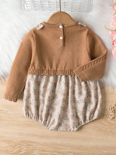 SHEIN Vintaside Kids جمبسوت صوفي للرضع للفتاة بقبّة راهِبة و تصميم نباتات مطرز على الصدر