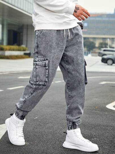 Manfinity Homme بنطال دينم بخصر برباط للرجال مع جيوب مائلة