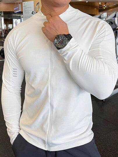 Manfinity Fitness جاكيت رياضية رجالية بسحاب كاملة، بتصميم الصديق، لون سادة، جاكيت رياضية طويلة الأكمام للركض والتمارين الرياضية، جاكيت رياضية خريفية قابلة للتنفس