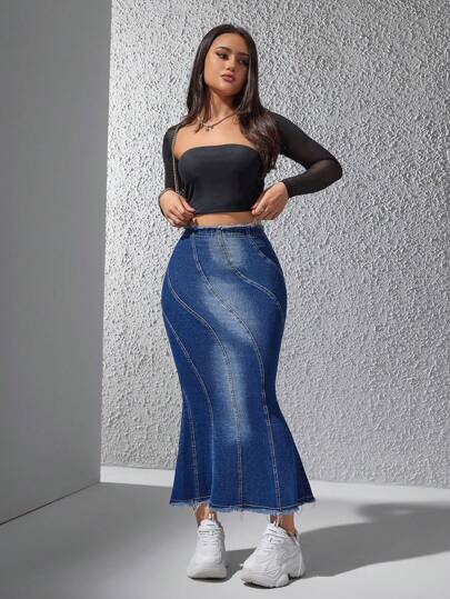 EZwear تنورة نسائية من الدنيم بحاشية حورية البحر