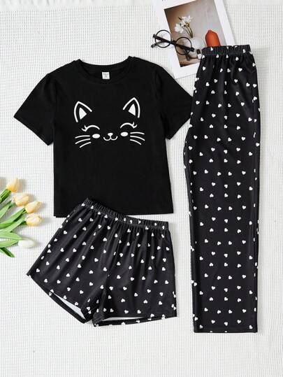 SHEIN طقم بيجامة مكون من 3 قطع/مجموعة من تي شيرت كاجوال بنمط قطة للفتيات برقبة دائرية وسروال وسروال قصير بنمط قلب من توين