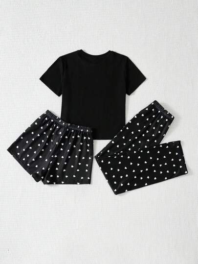 SHEIN طقم بيجامة مكون من 3 قطع/مجموعة من تي شيرت كاجوال بنمط قطة للفتيات برقبة دائرية وسروال وسروال قصير بنمط قلب من توين