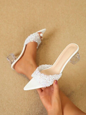 أحذية نسائية أنيقة وساحرة ذات كعب سميك من الكريستال، صندل مفتوح الأصبع مزين بالترتر، أحذية حفلات كلاسيكية فاخرة باللون الأبيض
