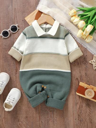 SHEIN Vintaside Kids قطعة رومبير محبوكة تتميز بياقة ملونة للأطفال الصبيان