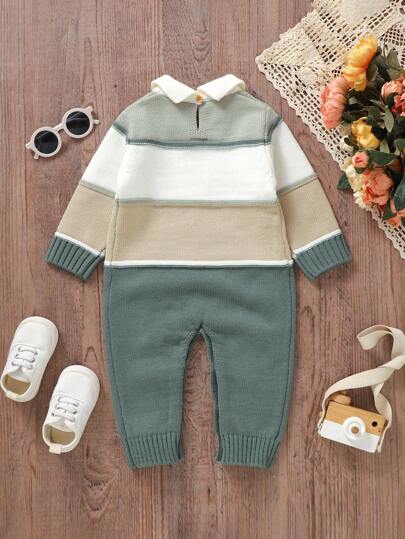 SHEIN Vintaside Kids قطعة رومبير محبوكة تتميز بياقة ملونة للأطفال الصبيان