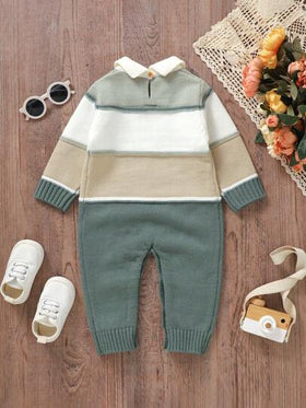 SHEIN Vintaside Kids قطعة رومبير محبوكة تتميز بياقة ملونة للأطفال الصبيان