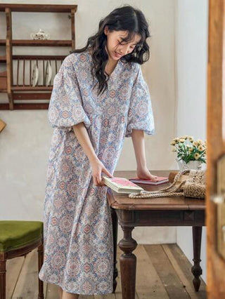 فساتين حريمي FRIFUL فستان صيفي كاملUVالطباعة برقبة على شكل حرف V أكمام منتفخة