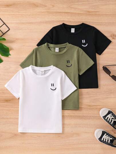 SHEIN قميص دائري الرقبة مطبوع عليه وجه طفل يبتسم للرجال الشباب الكاجوال لفصل الصيف
