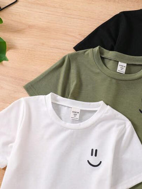 SHEIN قميص دائري الرقبة مطبوع عليه وجه طفل يبتسم للرجال الشباب الكاجوال لفصل الصيف