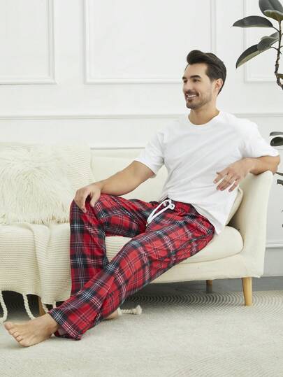 SHEIN بنطلون منزلي مربع للرجال مع عقدة أمامية، للخريف والكريسماس والشتاء