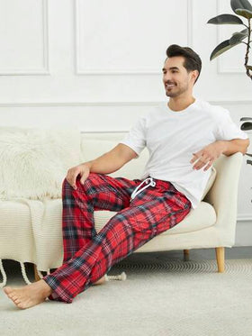 SHEIN بنطلون منزلي مربع للرجال مع عقدة أمامية، للخريف والكريسماس والشتاء