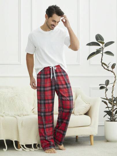 SHEIN بنطلون منزلي مربع للرجال مع عقدة أمامية، للخريف والكريسماس والشتاء