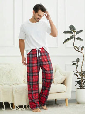 SHEIN بنطلون منزلي مربع للرجال مع عقدة أمامية، للخريف والكريسماس والشتاء