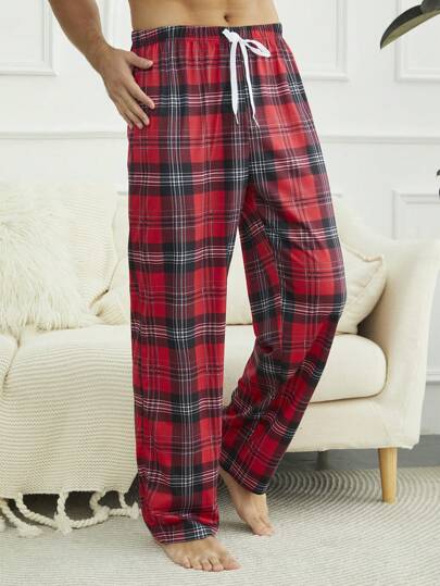 SHEIN بنطلون منزلي مربع للرجال مع عقدة أمامية، للخريف والكريسماس والشتاء