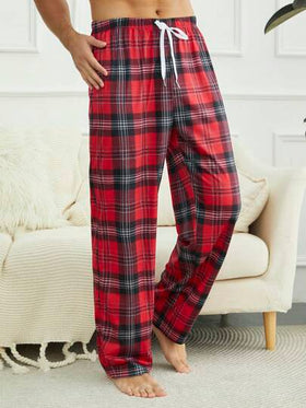 SHEIN بنطلون منزلي مربع للرجال مع عقدة أمامية، للخريف والكريسماس والشتاء