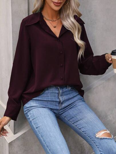 EMERY ROSE قميص نسائي بلون واحد ذو ياقة منقلبة، ملابس علوية بأكمام طويلة، ملابس رمضان